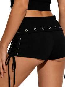 Y2k Shorts For Women High Waisted Fold Over Lace Up Side Stretchy Mini Booty Short Y2K Rave Club Party Concert Summer - 黑色 - 查看 4