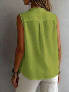 Fashionable Sleeveless Lapel Shirt For Women, Versatile Loose Casual Commute Camisole Tank Top, Solid Color Button Front, Daily Wear Summer - Green - View 2