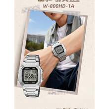 Casio ساعة كاسيو W-800HD-1AVPF المربعة المعدنية الفضية الكاملة، بطارية 10 سنوات، مقاومة للماء 100 متر، ساعة رقمية متعددة الوظائف - مقاس واحد - مشاهدة 10