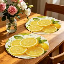 A Circular Placemat With Fresh Lemon And Green Leaves As Patterns, Suitable For Use In Spring, Summer, Autumn, And Winter. It Adopts A Multi-Color Pattern Design And Is Woven From 100% Polyester Fiber. The Size Is 15 * 15 Inches And Can Be Machine Washed With Polyester Placemats. - Multicolor - View 6