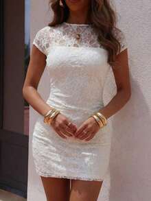 Women's Elegant Lace Sheer Fitted Mini Dress, Versatile For Commute, Daily, Holiday, Party, Birthday, Music Festival, Vacation, Spring/Summer Short Wedding White Dress Lace White Dress Rehearsal Dinner Dress Bride - 白色 - 查看 2