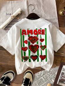 Áo thun nữ tay ngắn cổ tròn in hình trái tim Amore, kiểu dáng thường ngày. - trắng - Xem 3
