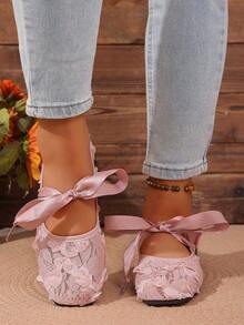 女士时尚优雅蕾丝网面3D花卉设计套脚方头蝴蝶结平底粉色鞋 - 粉色 - 查看 4