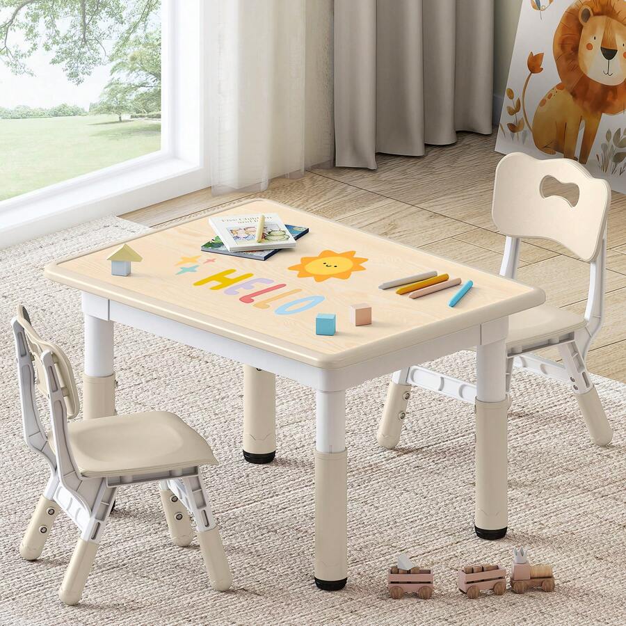 Kids Table And Chairs Set, Height-Adjustable Toddler Table And Chairs Set For Age 3-8, 31.5''Lx23.6''W Graffiti Desktop, Kids Activity Table For Daycare, Classroom, Home (Natural, 2 Chairs) - 天然木色 - 查看 1