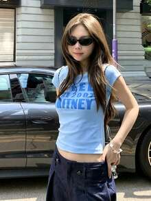 Letter Print Round Neck Fitted Short Sleeve T-Shirt For Women, Summer Casual, Streetwear - Baby Blue - View 2