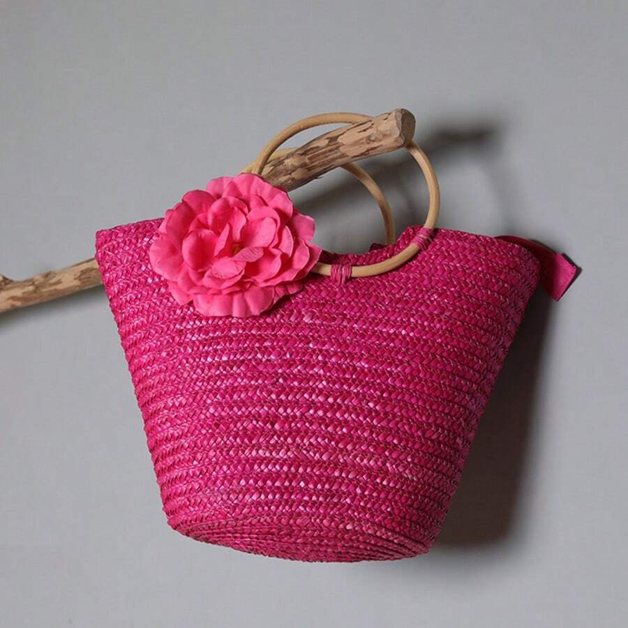 Woven Bag With Rattan Handles – Beach Bag In A Floral Beach Design – In A Rural Forest Holiday Style. Gifts For Mother's Day. - 玫紅色 - 查看 1