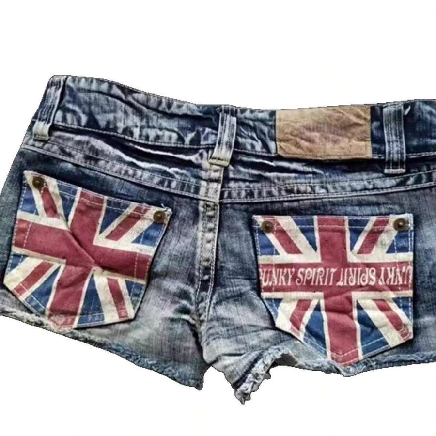 Patriotic Blue Or Black Denim Shorts With USA Flag Print, Contrast Color Panels, Low-Rise Fit, And A Slimming Sexy Silhouette – Perfect For Resort Vacations, Prom Nights & Daily Wear, Exuding Effortless Casual Elegance Summer Outfits Mini Shorts - 藍色 - 查看 1