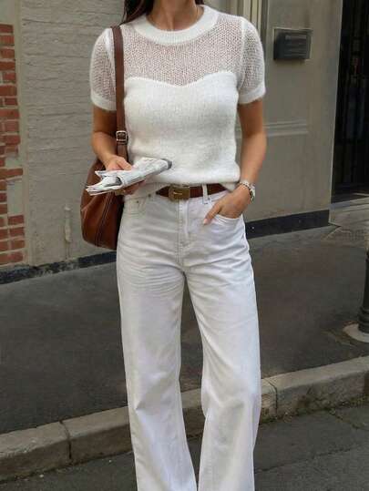 FOR BEAUTY New Summer Women Knit Short Sleeve Top, Casual Minimalist Style Solid White Round Neck Pullover, Suitable For Daily Wear And Commuting