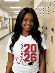 Senior 2026 Graduation T-Shirt For Women Class Of 2026 Graphic Tee With Cap Design Perfect Gift For School Graduates. Summer Outfits For Women,Vacation Outfits Women,,Elegantes - trắng - Xem 3