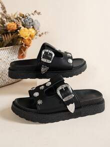 Zapatos de mujer de ajuste ancho, unicolor con decoración de remaches, diseño de una correa, punta abierta y transpirable, moda versátil, cómodos y ligeros, decoración de remaches, plataforma, slip-on, suela gruesa, sandalias casuales, adecuadas para uso diario - Negro - Ver 5