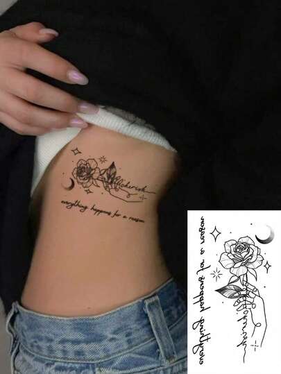 1 hoja de pegatinas de tatuaje temporal de arte corporal pequeño, unisex, con diseño de flor, mariposa y texto de línea negra linda, tatuaje falso impermeable que dura de 2 a 5 días, puede cubrir cicatrices, se puede usar en brazos, muñecas, hombros, piernas, cintura, cuello, manos, pecho, muslos, dedos y otras partes, fácil de usar y quitar, adecuado para bodas, festivales de música, fiestas y otras ocasiones.