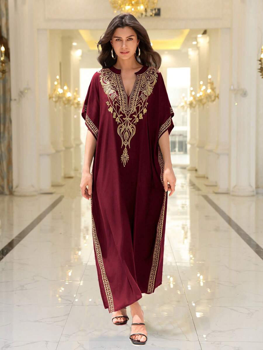 Đầm maxi Kaftan cổ chữ V màu đỏ tía thêu vàng dành cho nữ, dáng rộng, thướt tha, tôn dáng, thích hợp mặc đi biển, cỡ lớn, đồ bơi, trang phục nghỉ dưỡng.