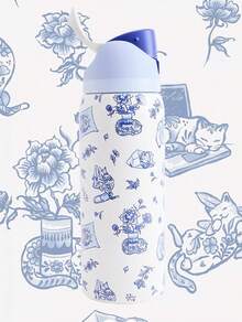 Owa Laa Delft Cat Print Large Capacity Stainless Steel Water Bottle, 32oz/945ml With Straw, Exquisite Look, Double Wall Insulated For Hot&Cold Drinks/Iced Water, For Leisure Work Sports Indoor Outdoor, Ideal For Students Office Workers, Perfect Gift Choice - 寶藍色 - 查看 4