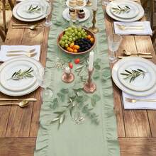 1/24pcs Solid Color Ruffled Table Runner, Washable Wrinkled Edge, Rustic Style For Home, Kitchen, Wedding, Bridal Party Decor - Mint Green - View 8