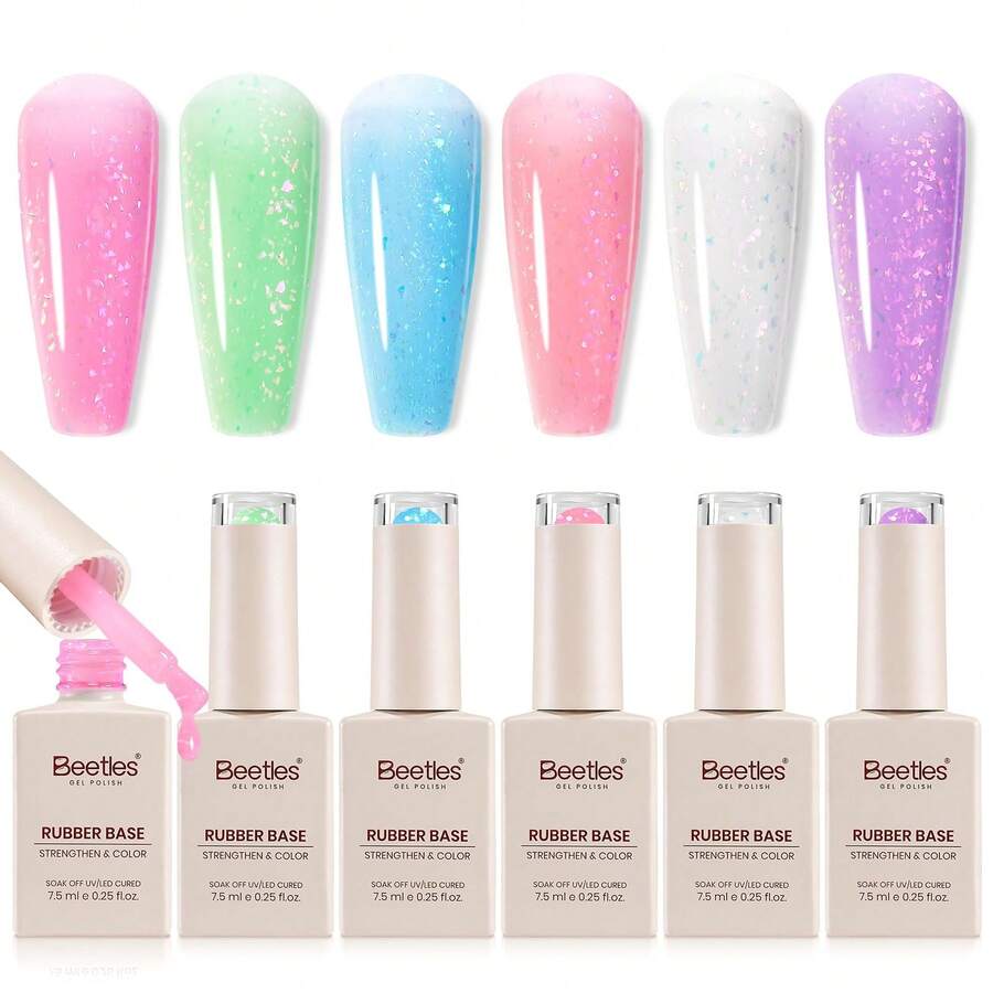 6PCS 7.5ML Beetles Glitter Rubber Base Gel Set, 6 Pastel Colors Jelly Gel Nail Polish With Flakes, Multi-Functional Apex Strengthening Builder Base Coat, Flexible Soak Off UV LED Gel For DIY Nail Art - 6 PCS Rubber Base Gel Set - 查看 1