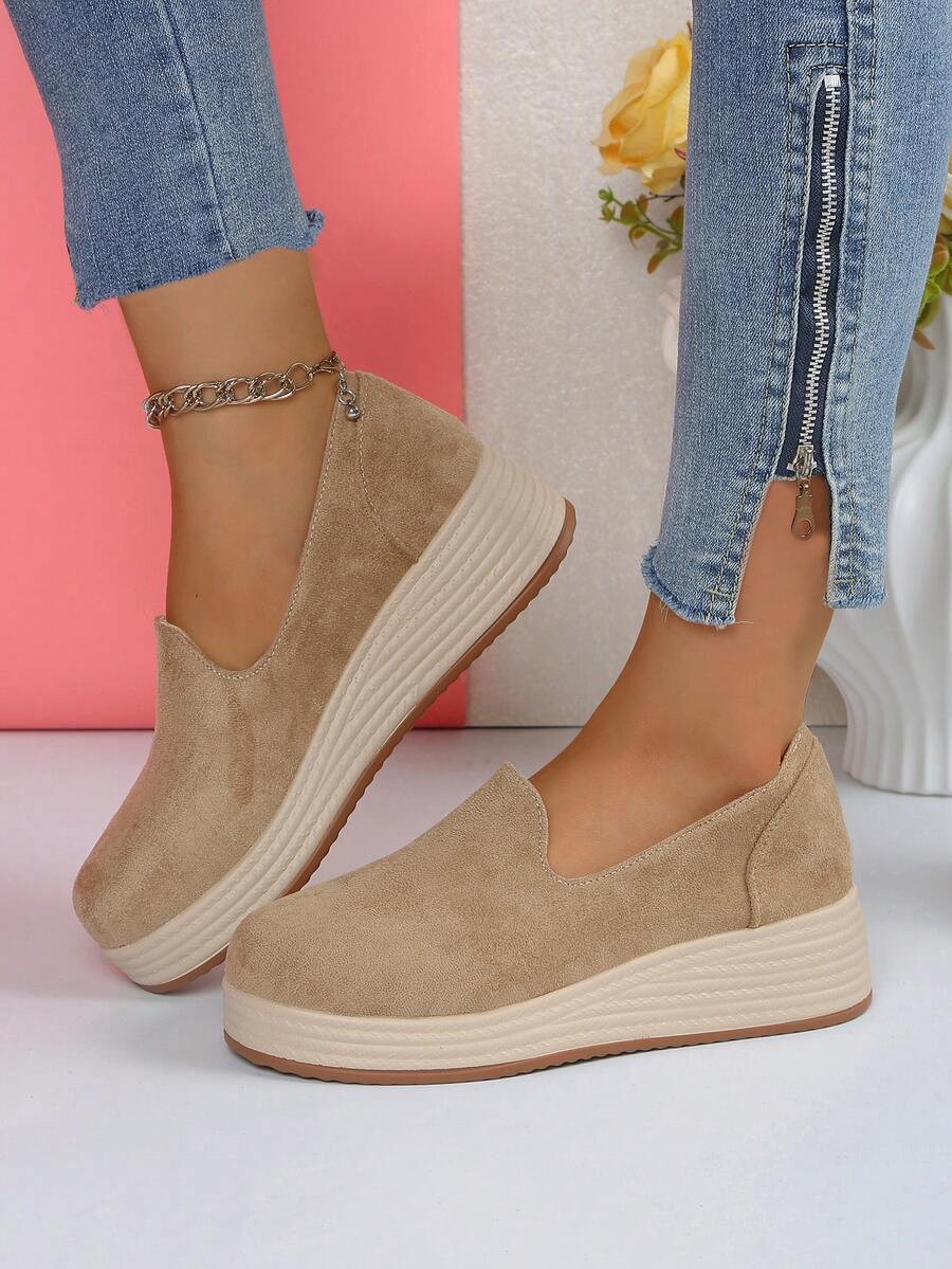 New Arrival Platform Thick Sole Slip-On Shoes, Fashionable Casual Loafers For All Seasons - Khaki - View 1