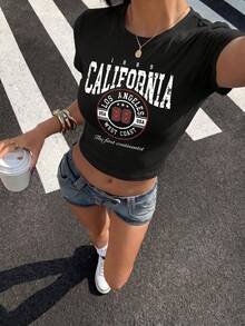 Black "California 89 Los Angeles" Graphic Cropped Top, Y2K Retro Style Baby Tee For Women Casual Summer - Black - View 1