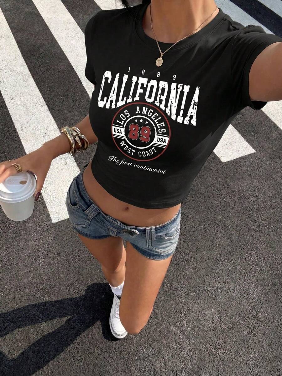 Black "California 89 Los Angeles" Graphic Cropped Top, Y2K Retro Style Baby Tee For Women Casual Summer - Black - View 1