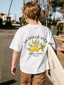 Camiseta con estampado de limones de la de Amalfi "La Dolce Vita" para niño preadolescente, de tela suave y cómoda, adecuada para deportes al aire libre, uso casual, ropa urbana, uso en el campus, una versátil opción de moda para niños preadolescentes en primavera/verano - Blanco - Ver 3