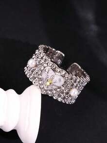 1pc Elegant Minimalist Fashion Delicate Elegant Heart-Shaped Rhinestone Pearl Wide Band Silver Women's Ring, Suitable For Daily, Commute, Holiday Party Wear - Multicolor - View 4
