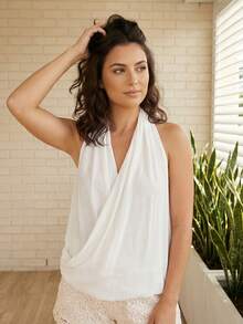 Womens Halter Tank Tops Summer Fashionable Solid Color Loose Fit V Neck Backless Going Out Vest - White - View 5