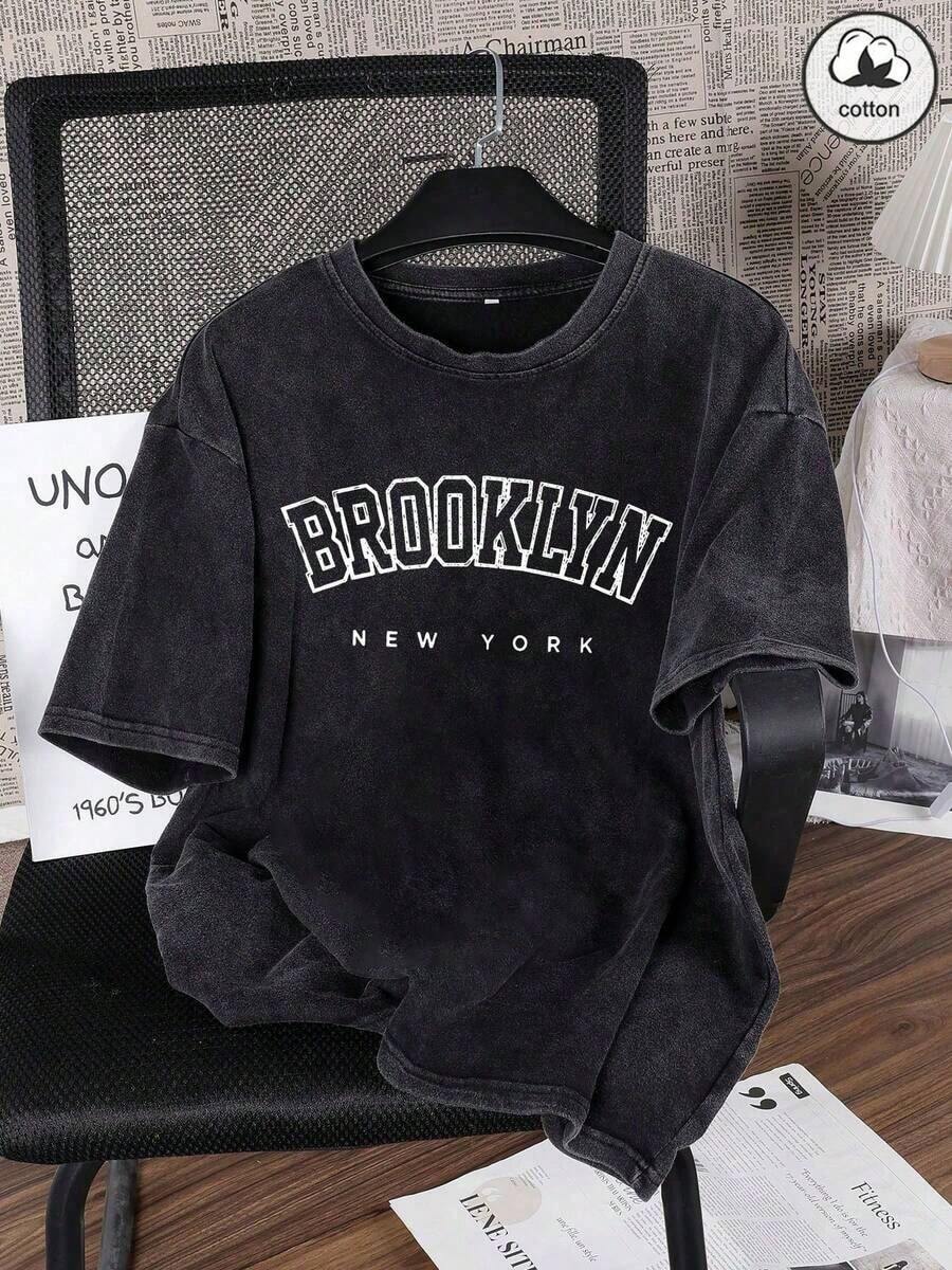 Cotton Ummer Women's Funny Printed Hiphop "Letter" Personalized Graphic Treet Tyle, Korean Version Comfortable Retro Fashion Commuter Versatile Y2K Women's Wear, Uitable For Outdoor Leisure, Regular Niche Punk Tyle Black Lim Fit Crew Neck Hort Leeve Washed T-Hirt Vintage Tyle - 黑色 - 查看 1