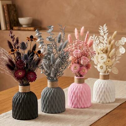 1pc Modern Minimalist Bohemian Style Decorative Vase, Lightweight & Shatterproof, Water-Resistant Matte Finish, High-Quality Plastic Material, Nordic Farmhouse Modern Style, Available In Black, Gray, Pink, White Solid Colors, Rounded Top Sphere Design, 3D Wave Texture, Comes With Natural Jute Rope Neck Decor