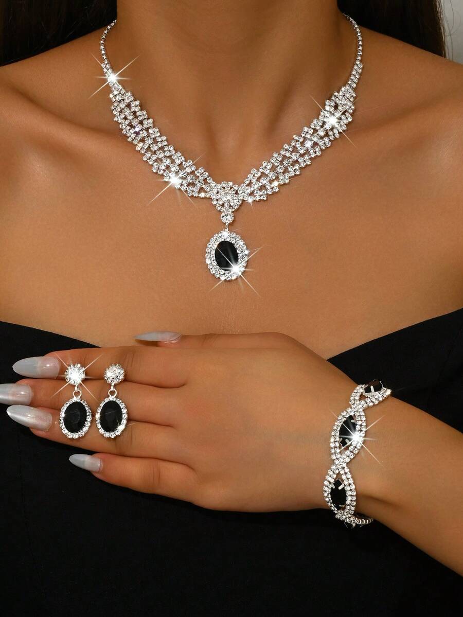 1对优雅吊坠耳环，1条迷人项链，1条镶嵌水钻的黑色水滴吊坠手链 - 铜质首饰套装，适合婚礼和特殊场合佩戴 - 銀黑色 - 查看 1