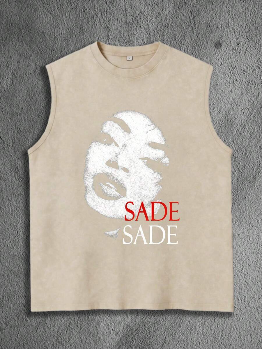 Vintage Men's Tank Top - Sade Graphic Print And Text - Perfect For Autumn/Winter Layering - Ideal Halloween/Christmas Gift Choice - 杏色 - 查看 1