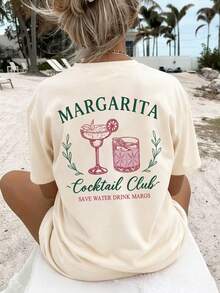 Áo thun nữ tay ngắn cổ tròn in hình câu lạc bộ cocktail Margarita, cỡ lớn, chất liệu co giãn tốt, thích hợp mặc mùa hè. - Màu be - Xem 3