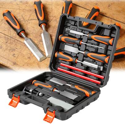 Heavy-Duty 10-Piece Woodworking Chisel Set, 6-38mm CR-V Steel Chisels With Pre-Sharpened Blades For Hardwood & Softwood, Complete With Dual-Side Sharpening Stone, Honing Guide, Marking Pencils & Work Gloves, TPR Anti-Slip Handles With Reinforced Strike Caps, Professional Chisel Kit For Carpentry, Furniture Making, DIY Woodworking & Joinery Projects