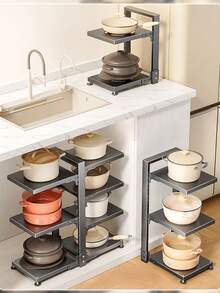 Adjustable Multi-Layer Pot Rack, Multifunctional Kitchen Storage, Suitable For Cabinet Or Countertop, Can Hold Pots, Pans, Utensils, Easy To Install And Adjust, Sturdy And Durable Kitchen Accessory, Kitchen Storage Item, Home Goods - Black - View 6