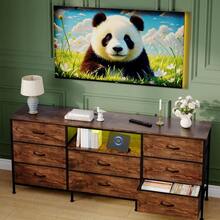 Cómoda moderna con soporte para TV LED y 8 cajones de tela - Armario de almacenamiento con estructura de acero - Compatible con televisores de 65 a 75 pulgadas - Organizador para dormitorio y sala de estar - Marrón - Ver 2