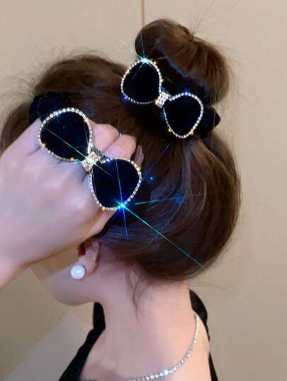 1pc Black Velvet Bow Crystal Scrunchie, Fashionable Minimalist Elegant Hair Tie For Women