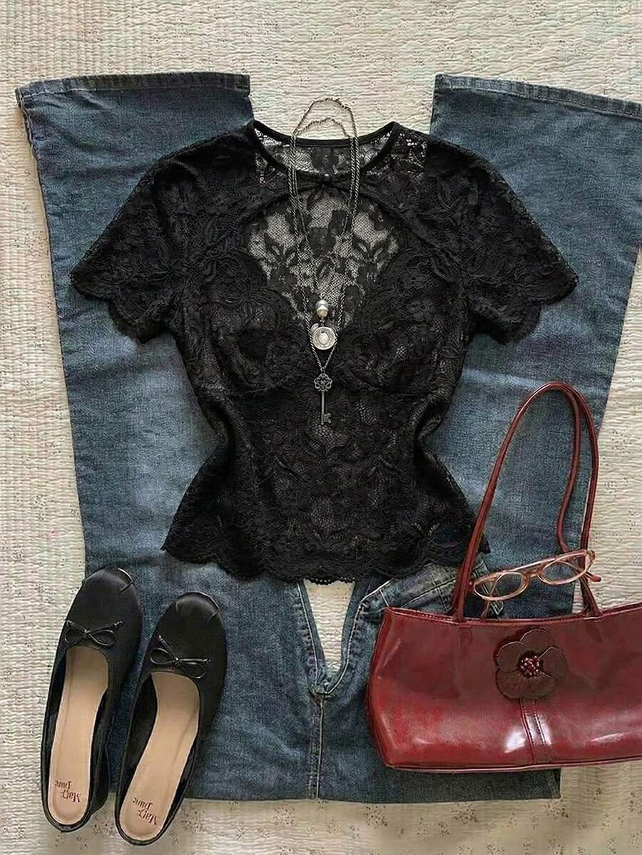 Áo kiểu ren xuyên thấu màu trơn tối giản cho kỳ nghỉ, áo crop top ren đen khoét lỗ mới cho mùa hè, áo thun tay ngắn ôm sát cổ yếm gợi cảm. - màu đen - Xem 1
