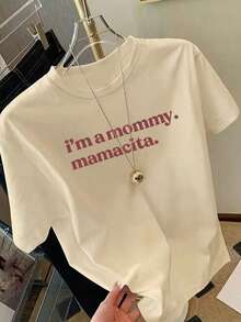 Áo thun nữ màu đỏ tía in chữ "I Am Mama. Mamacita" - Kiểu dáng thoải mái, thời trang dành cho các bà mẹ, cổ tròn, tay ngắn, thích hợp cho kỳ nghỉ, mùa hè và mùa xuân. - Màu be - Xem 5