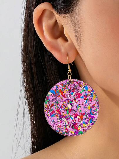 1 par de pendientes colgantes redondos con lentejuelas de patrones geométricos coloridos y modernos, adecuados para mujeres, accesorios ideales para vacaciones, fiestas y regalos