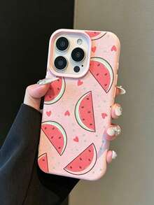 1pc TPU Material Fashion Pink Watermelon Heart Cute Full Screen Pattern Phone Case, Compatible With Apple 17, 17Pro, 17ProMax, 16, 16Pro, 16ProMax, 15, 15Pro, 15ProMax, 14, 13, 12, 11, Waterproof, Shockproof, Anti-Drop, Anti-Scratch, Lightweight - Pink - View 1
