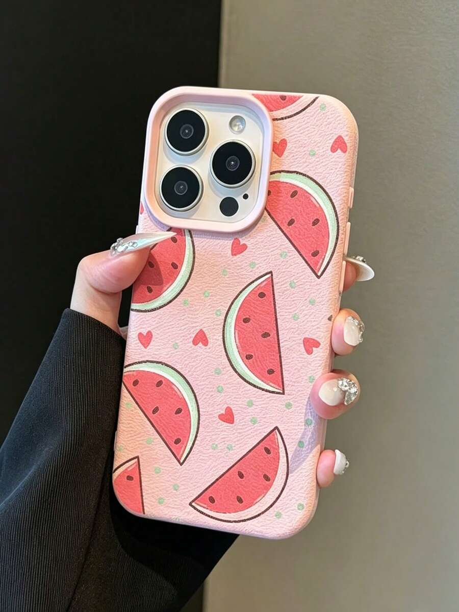 1pc TPU Material Fashion Pink Watermelon Heart Cute Full Screen Pattern Phone Case, Compatible With Apple 17, 17Pro, 17ProMax, 16, 16Pro, 16ProMax, 15, 15Pro, 15ProMax, 14, 13, 12, 11, Waterproof, Shockproof, Anti-Drop, Anti-Scratch, Lightweight - Pink - View 1