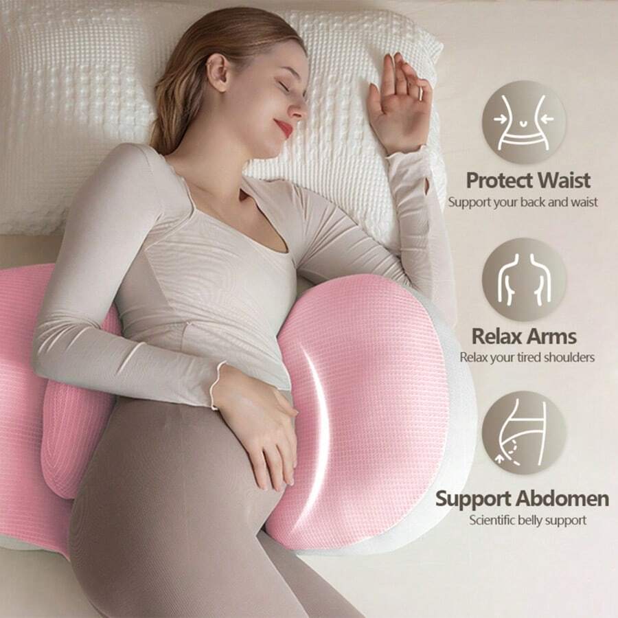 Gối bà bầu hình chữ U tiện dụng dành cho người nằm nghiêng – Gối toàn thân hỗ trợ thắt lưng và bụng – Ruột gối bằng polyester mềm mại giúp giảm đau lưng và tạo sự thoải mái trong thời kỳ mang thai – Họa tiết hồng và xanh lá cây - màu hồng - Xem 1