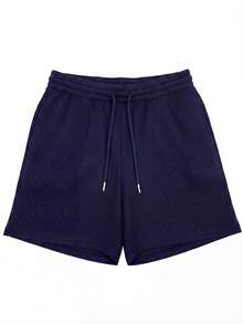 GRDR 2pcs Men's Waffle Texture Polo Shirt And Shorts Set, Casual Commuter Outfit, Comfortable And Minimalist - Navy Blue - View 3