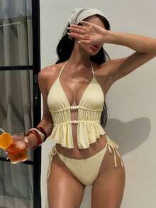 两件套浅黄色罗纹挂脖比基尼套装 - 可爱夏季沙滩装，侧边系带两件式泳衣度假装 - 黃色 - 查看 2