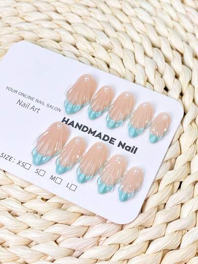 10 móng giả kiểu Pháp màu xanh bạc hà, hình hạnh nhân màu hồng nude, có thể tái sử dụng, kèm bộ dụng cụ.
