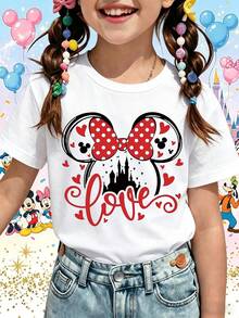 Disney Minnie Mouse Love Printed Girls' T-Shirt - Children's Clothing Design Short-Sleeved Casual And Cute Style Comfortable And Loose Fit Suitable For Both Boys And Girls Ideal For Parties And Playtime Machine Washable Girls' Short-Sleeved Shirt - White - View 1