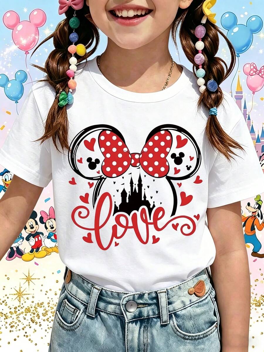 Disney Minnie Mouse Love Printed Girls' T-Shirt - Children's Clothing Design Short-Sleeved Casual And Cute Style Comfortable And Loose Fit Suitable For Both Boys And Girls Ideal For Parties And Playtime Machine Washable Girls' Short-Sleeved Shirt - White - View 1