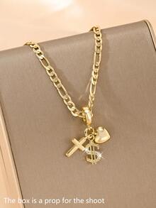 1PC Women's Catholic Vintage Multi-Pendant Necklace, Elaborately Made Of 14k Gold-Plated Copper, With Dollar Sign $ As The Main Pendant Matched With Sacred Heart And Cross, Textured From Detailed Carving (E.G., 3D Outline Of The Symbol), Shows Unique Taste For Daily Wear, Ideal Gift For Catholic Festivals - Yellow Gold - View 8