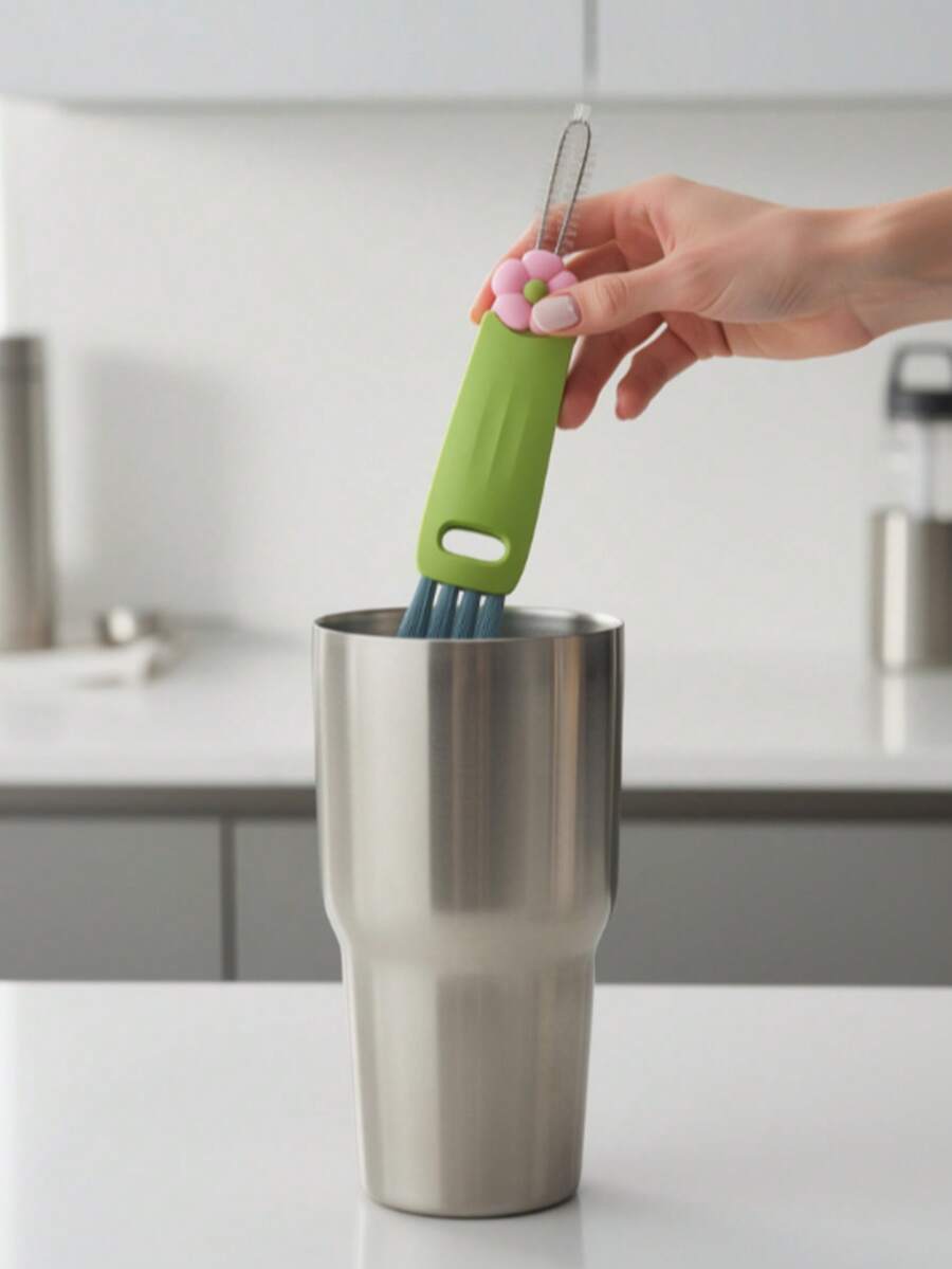 3pcs 3-In-1 Cup Lid Cleaning Brush Set With Cute Flower Design, Multifunctional Crevice Gap Cleaning Tool, Mini Bottle Cap Scrubber For Tight Spaces And Hard To Reach Areas, Portable Cup Mouth Lid Groove Cleaner With Spiral Bristles, Suitable For Insulated Cup Tumbler Water Bottle Sports Bottle, Home Kitchen Bathroom Household Cleaning Supplies - Multicolor - View 1