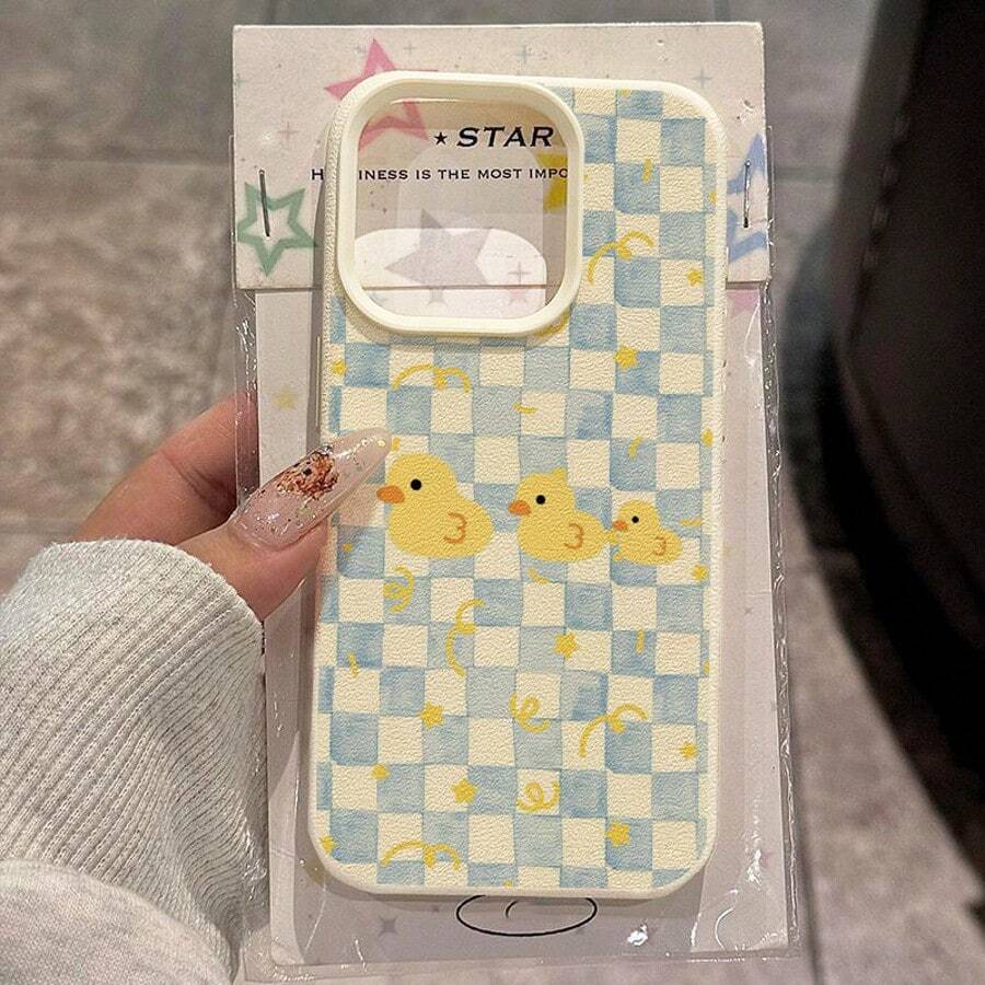 1pc TPU Soft Cute Blue Plaid Little Yellow Duck Pattern Phone Case, Compatible With IPhone 17 Pro Max/17/16 Pro Max/15/13/12/11, S20 FE/A15/S24/A55, Note 11/12/13 Pro, Full Coverage Anti-Drop Soft Protective Cover - White - View 1