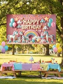 1pc-Unicorn Happy Birthday Banner, Pink Rainbow Birthday Backdrop, Polyester Birthday Party Decorations, Indoor Outdoor No Power Needed Background, Reusable Wall Decor For Room, Garden, Entryway, Photo Booth Supplies For Birthday Party - A - View 11
