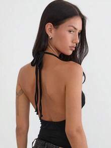 Womens Rivets Studded Halter Neck Plunge Cami Top Self-Tie Spaghetti Straps V-Neck Cut Out Front Crop Tank Top Camisole Vest Y2K Streetwear Party Tops - 黑色 - 查看 3